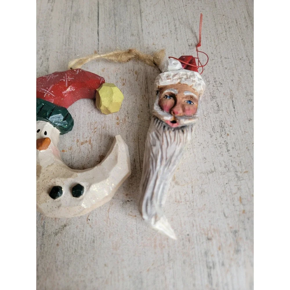 Rustic vintage Santa Claus wooden Moon crescent ornament Xmas set